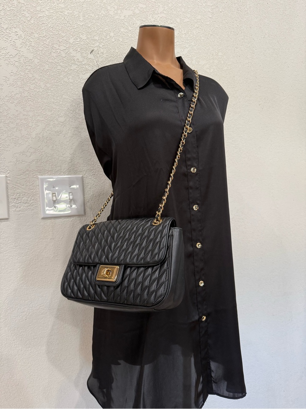 Karl Lagerfeld Black Quilted Chain Shoulder Bag with Gold Hardware